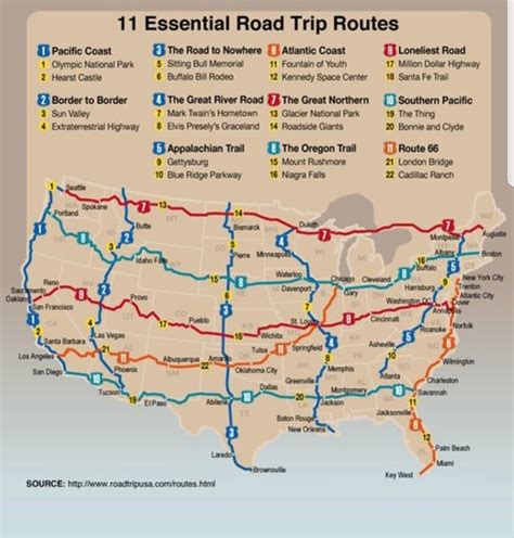 map of road trip in USA